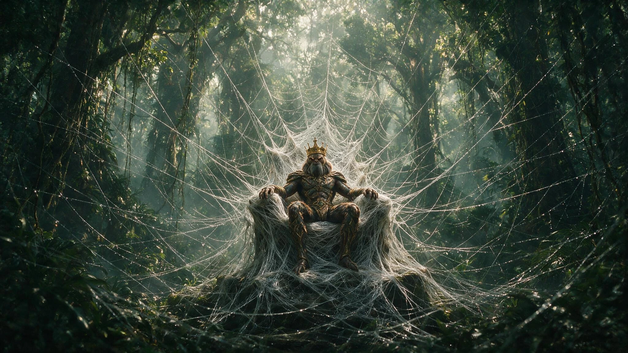the architect of spiderwebs; Andromorphic Tarantula King seated upon a webbing throne with strands connected to his entire rainforest kingdom.