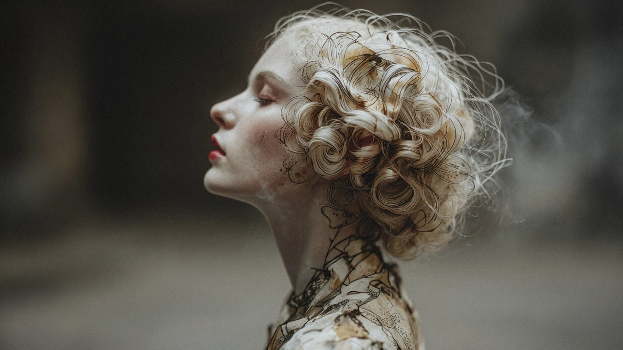Glamorous woman in profile, head tilted back with eyes closed, platinum curls rendered as flowing ink-line sketches layered over translucent watercolo