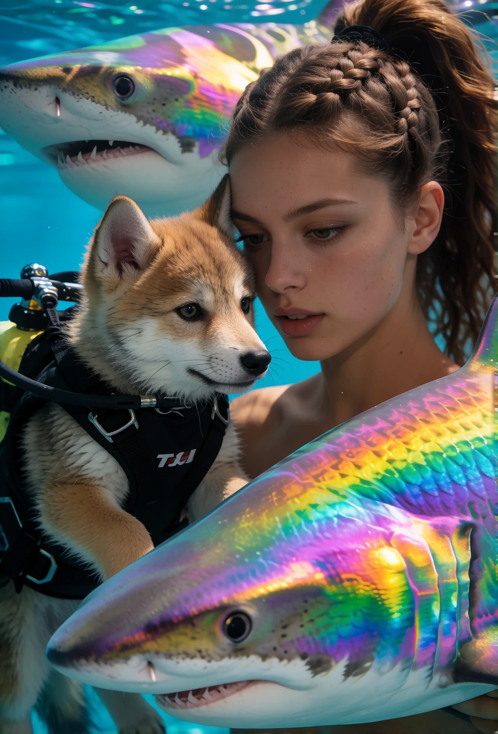 Beautiful iridescent sharks with rainbow skin. Swimming with a woman with brunette hair with high braided ponytail and her wolf pup. The pup has a little scuba outfit on. Close-up shot.