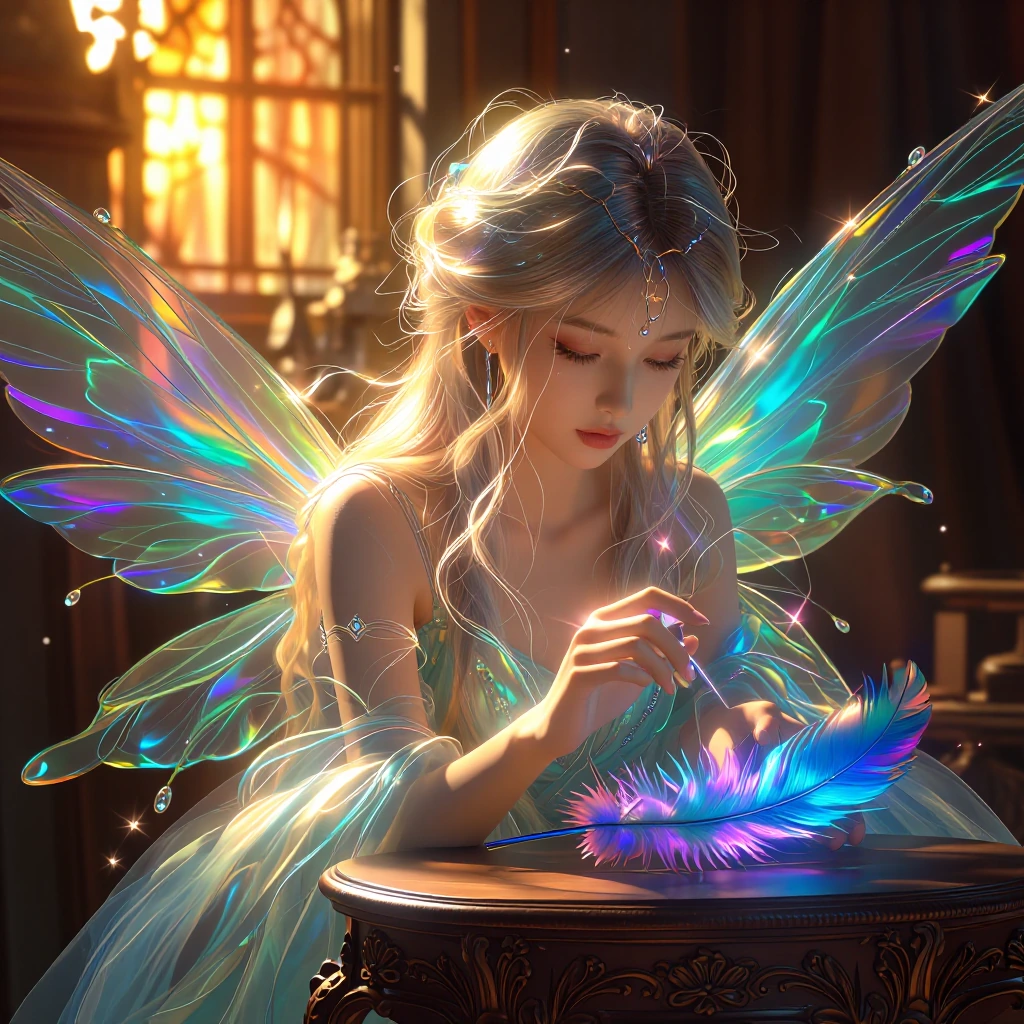 A dazzling, ethereal fairy woman with shimmering, iridescent wings sits gracefully on an ornate wooden table Her delicate features are framed by flowi
