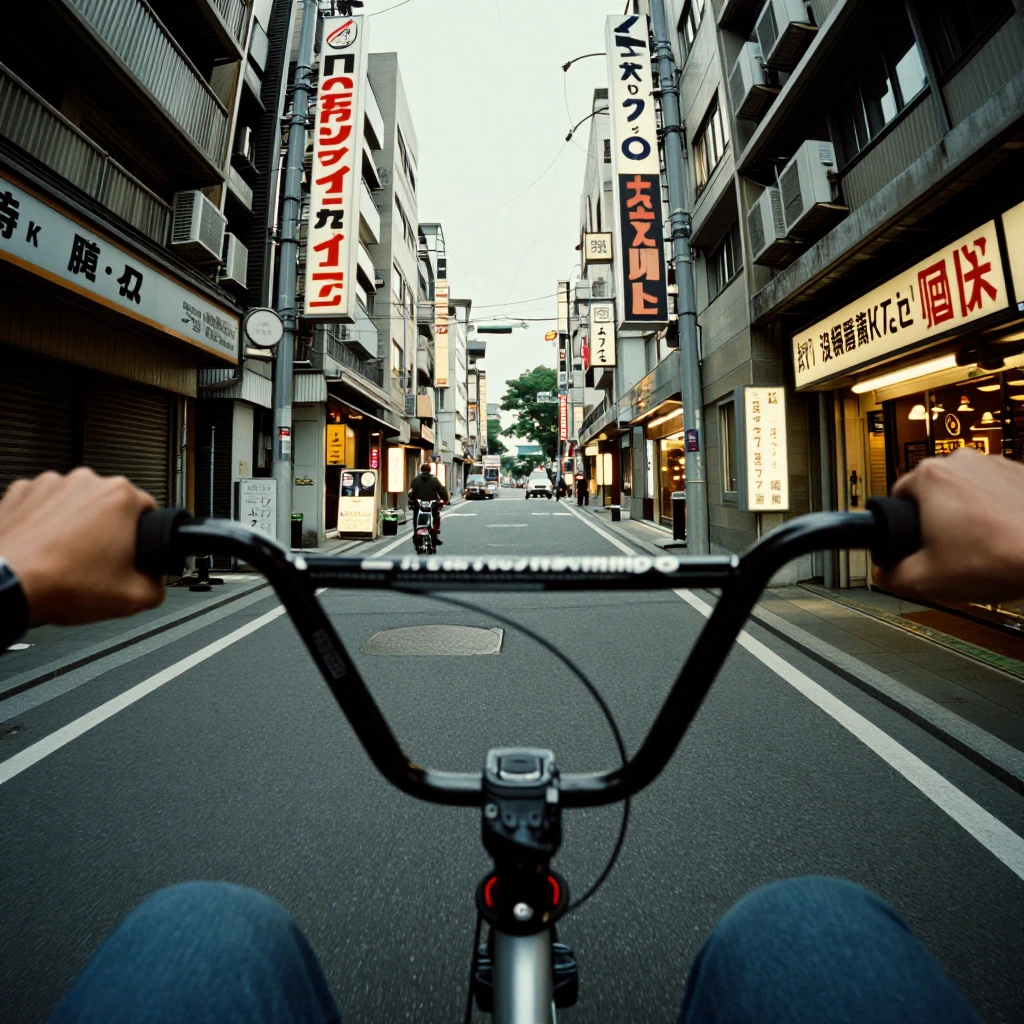 first person shot on a 1980s bmx in 1980s Tokyo. Kodak shot