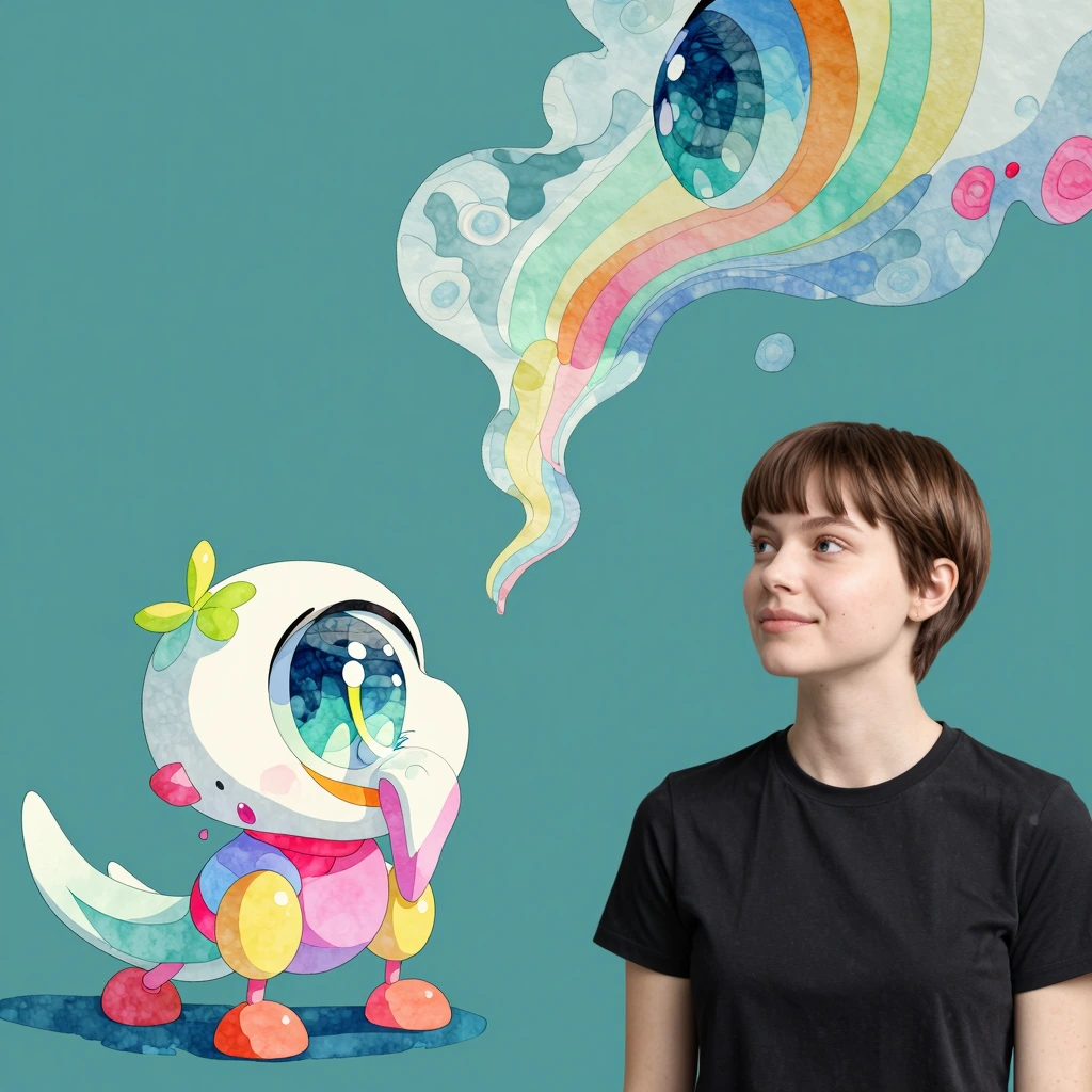Vaporwave aesthetic, , masterpiece, HDR, professional, studio quality, highres, simple Teal background, basety style, combine cartoon with realistic r