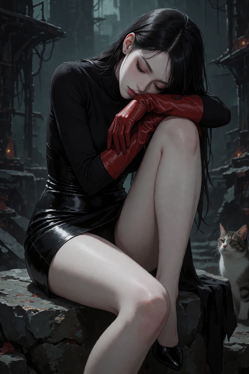 pale skin woman 25, sitting on a stone and her head resting on arm, background dark dystopian world, she has black top sleek black cybernetic minidress modern and red gloves leather up to her forearm she has one knee up, she is facing front, a cat is