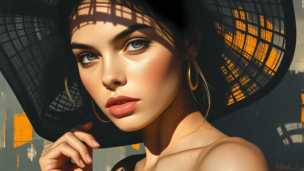 Oil painting, extreme close-up three-quarter view: a young woman's face tilted down-left with eyes locked forward in sharp eye contact, her expression