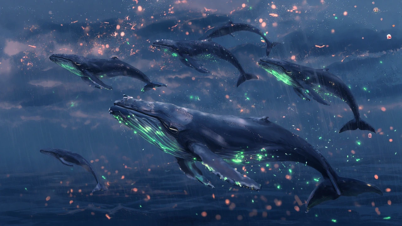 A pod of mystical bioluminescent whales flying through the wind and rain in a starry night sky. Viewed in the distance.