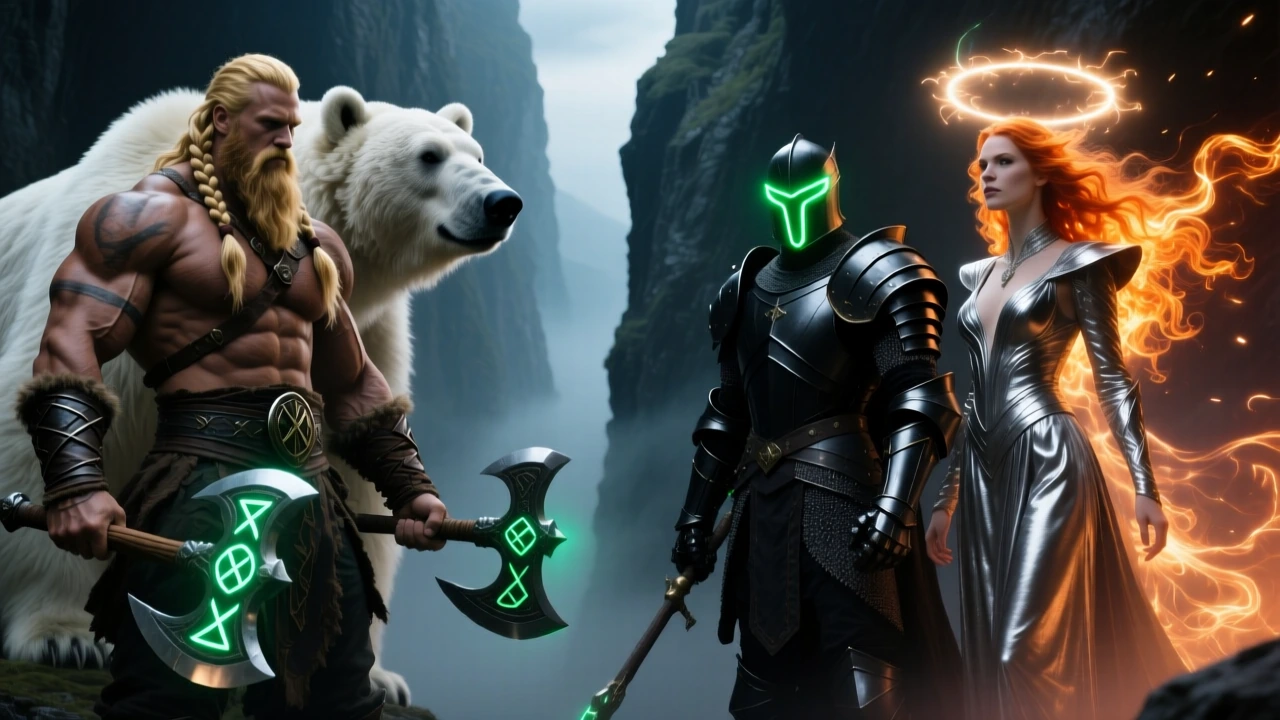 Photorealistic 8K masterpiece, a deep chasm divides the composition. Left side features a colossal Norse barbarian with bulging muscles and blonde braids, dual glowing runic axes in hand, flanked by a massive white bear. Right side shows a black-armo
