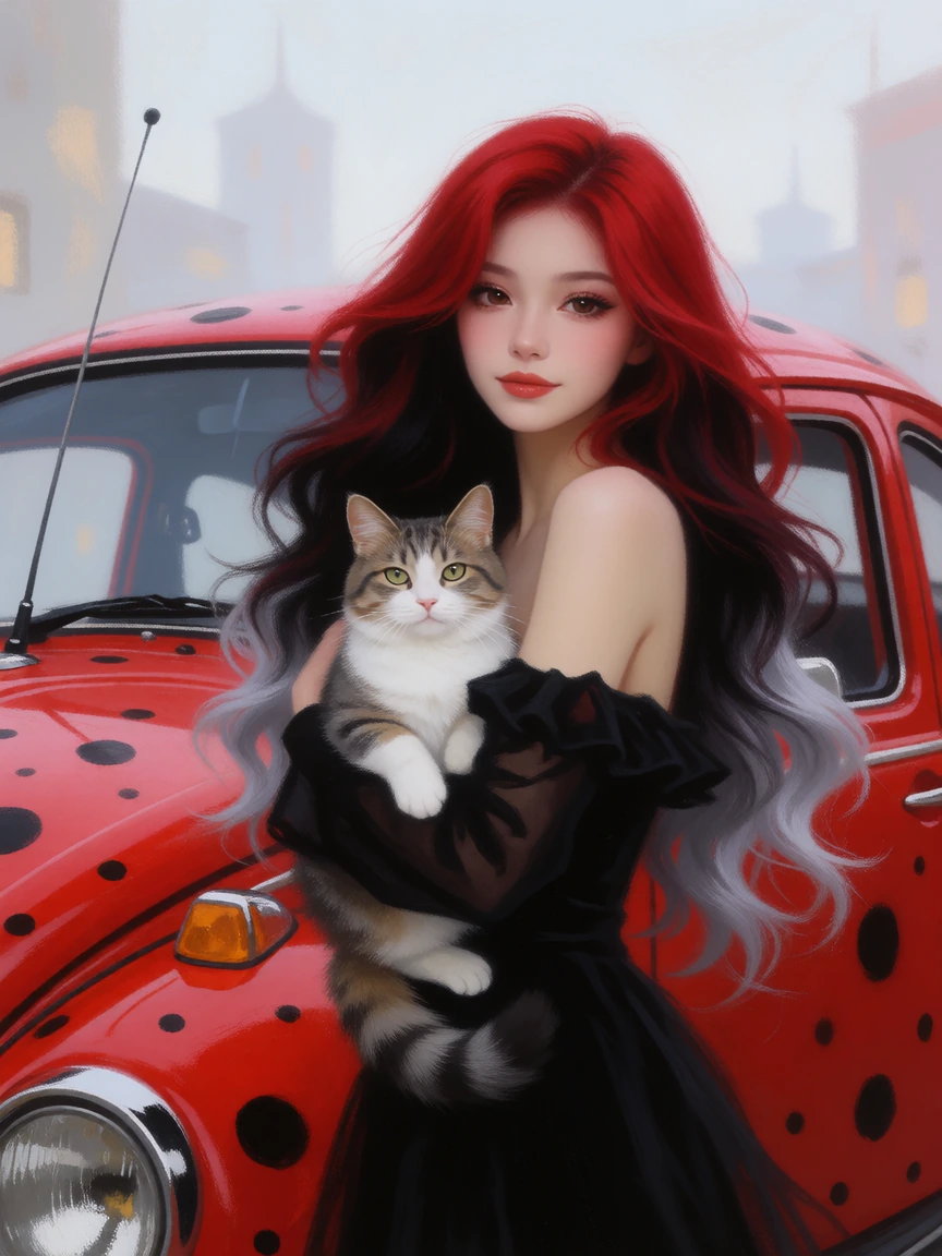 Beautiful woman with long flowing red black hair with silver tips, with her cat, beside a red Volkswagen beetle with black dots and antenna and eyelashes. Artistic quality, ethereal, pastel painting style, beautiful, city background