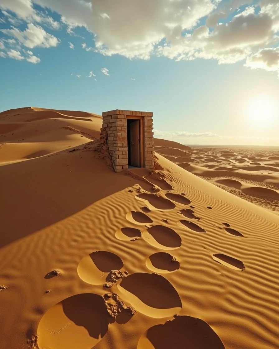 a door in the desert, slightly open sipping the sand. As the hands of the desert surround you. A blanket of sun, upon an ocean that glitters but is not gold.