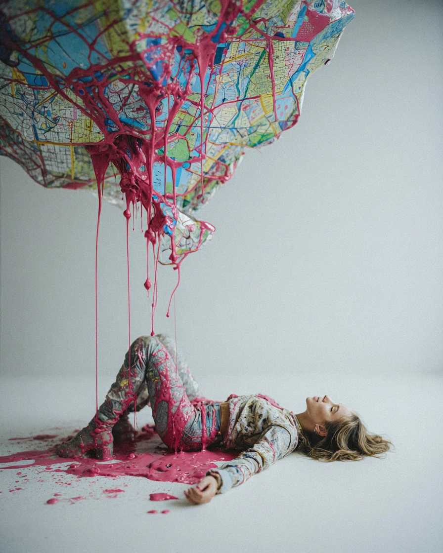 Gravity-defying paint pours forming secret maps only visible when she lies on the floor at 3 a.m.
