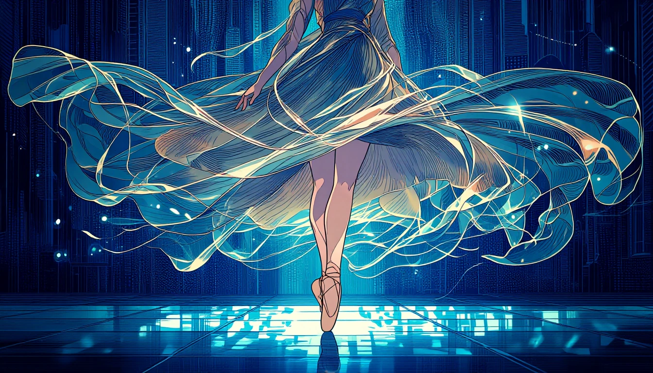 ballerina standing centrally in low-angle composition, viewed from ground level with feet positioned on glass floor reflecting light. Ballerina wears flowing transparent garment of indigo glass with cerulean blue undertones, interwoven with ochre and