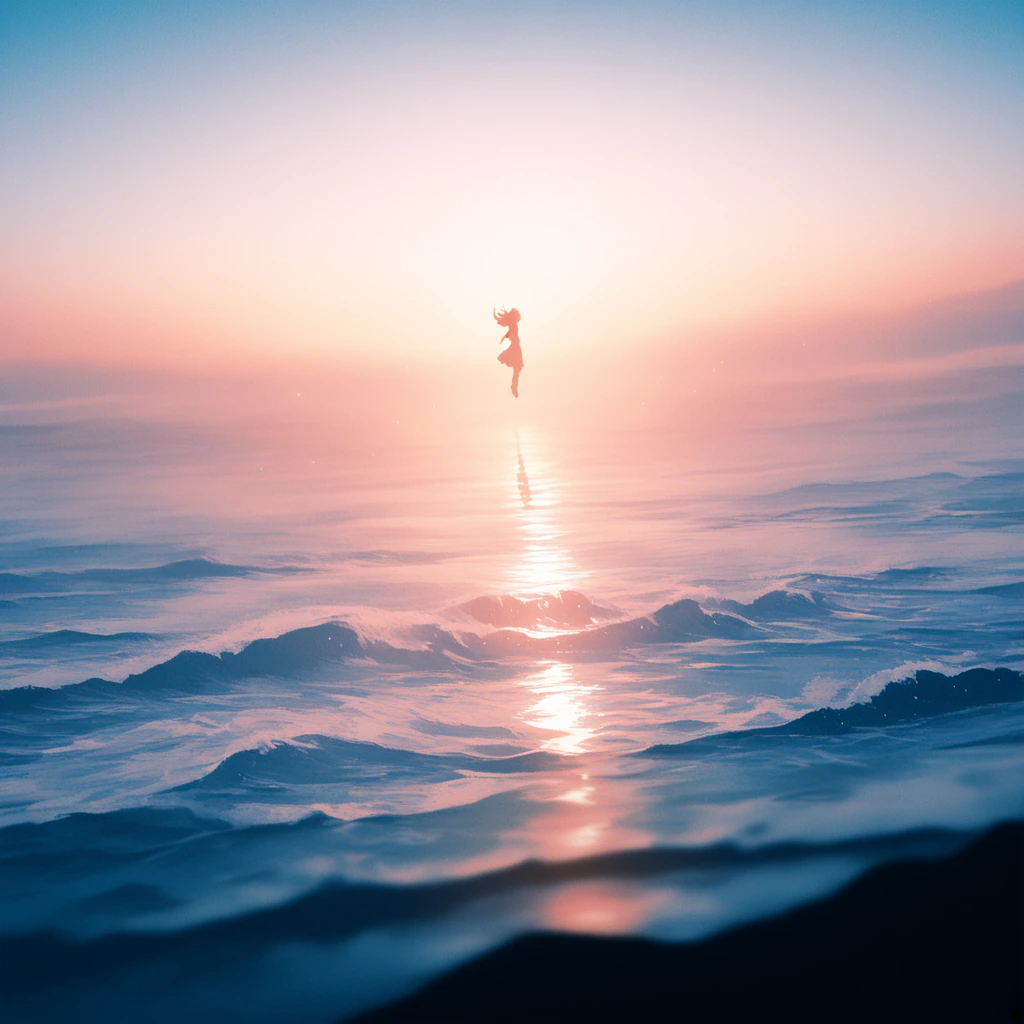 A solitary figure stands at the dramatic edge of a windswept cliff where turbulent sea meets vast sky, wrapped in flowing fabric that billows and moves like liquid silk in the ocean breeze, the textile catching light and creating dynamic movement aga
