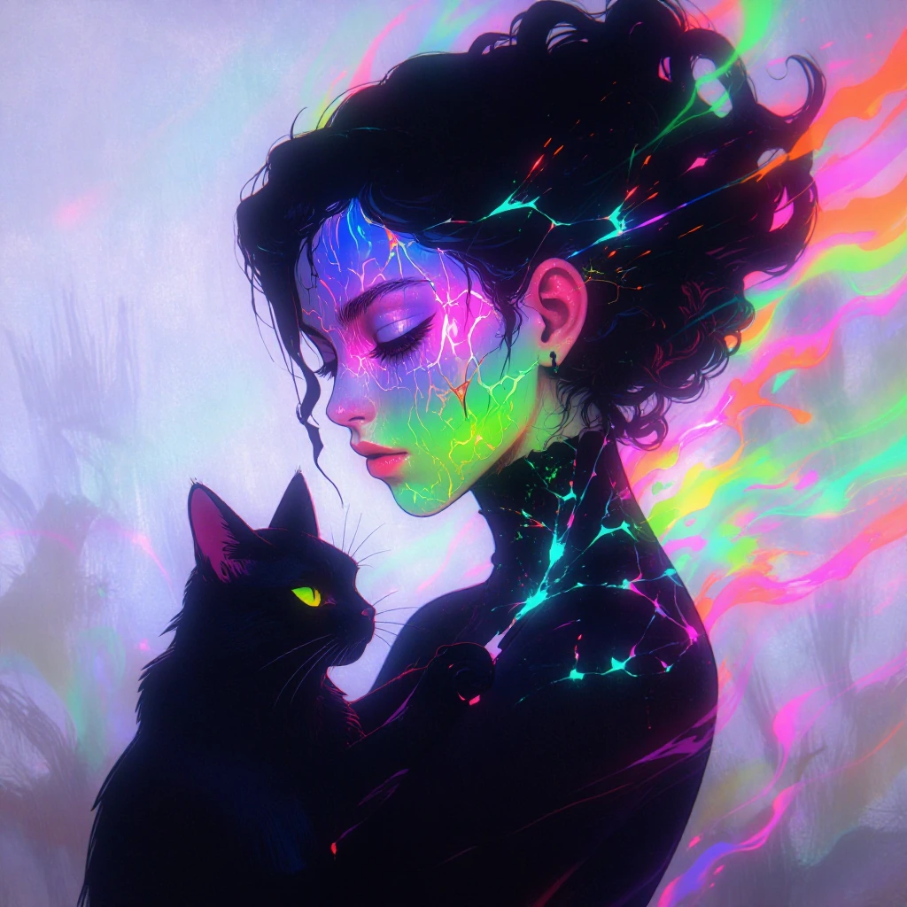 Woman and her cat dissolving into chromatic aberration—fractured red and cyan edges splitting her form. Iridescent oil-slick colors bleed across her face: magenta to violet to acid green. Bioluminescent cracks web through her silhouette in electric c