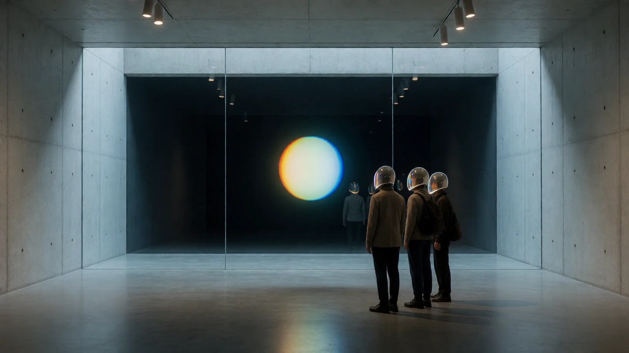 A minimalist museum gallery with polished concrete floors and floor-to-ceiling glass walls framing a dark void beyond. Three visitors wear sleek helmets with prismatic visors, standing motionless before a single floating light source—a soft, impossib