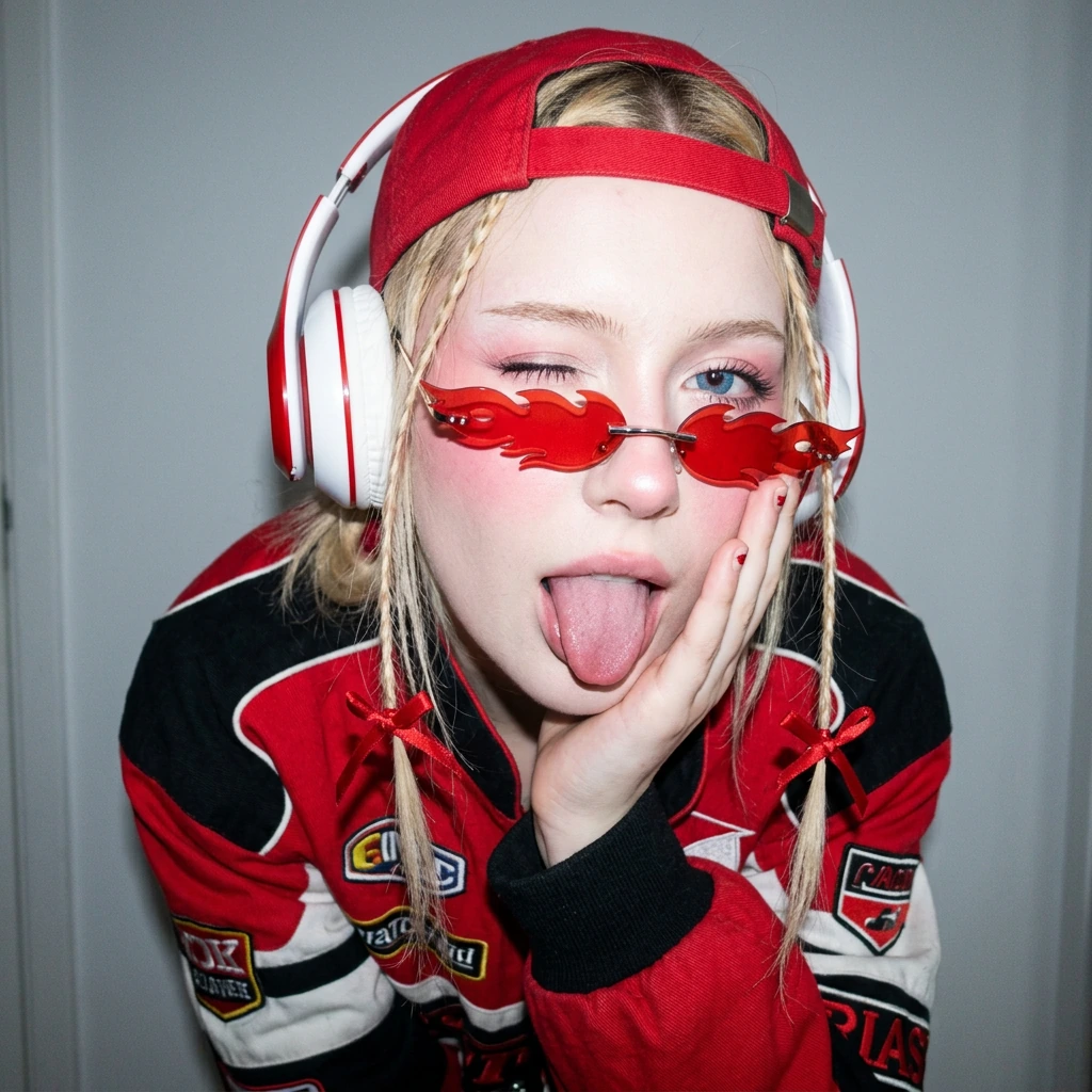 A chaotic and playful Y2K e-girl close-up selfie, snapping a quick fun moment. A 20-year-old young female leaning forward, winking with one striking blue contact-lensed eye visible, playfully sticking her tongue out. She wears trendy pop-star makeup 