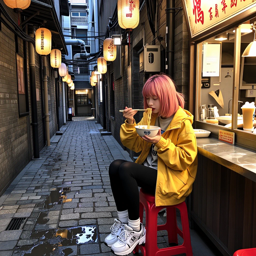 casual snapshot. The setting is a narrow cobblestone alleyway in a futuristic Asian city during the night. Hanging paper lanterns decorated with digit