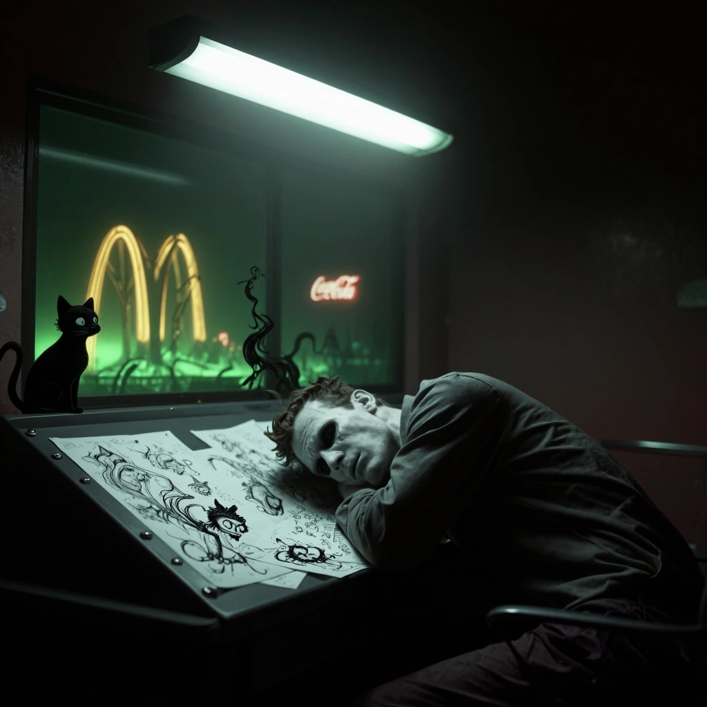 Exhausted cartoonist slumped over a 1960s steel drafting table beneath a single harsh fluorescent tube, face hollowed by clinical white light. Ink sketches scattered across pages curl with animate menace. Through the window: corporate neon—golden arc