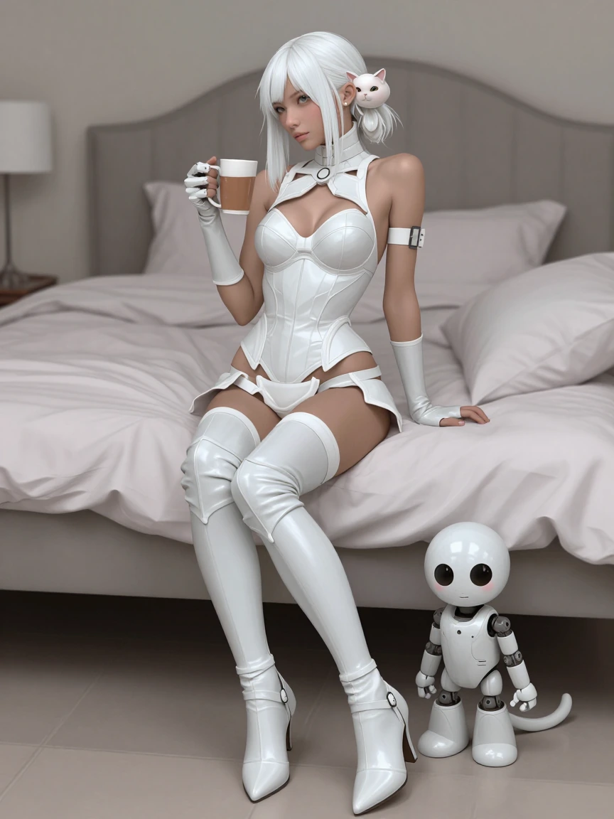 Woman, warrior, white platinum hair, thin ethereal armor, with a cat, fashionable armor, boots, robot friend, coffee, hectic morning
