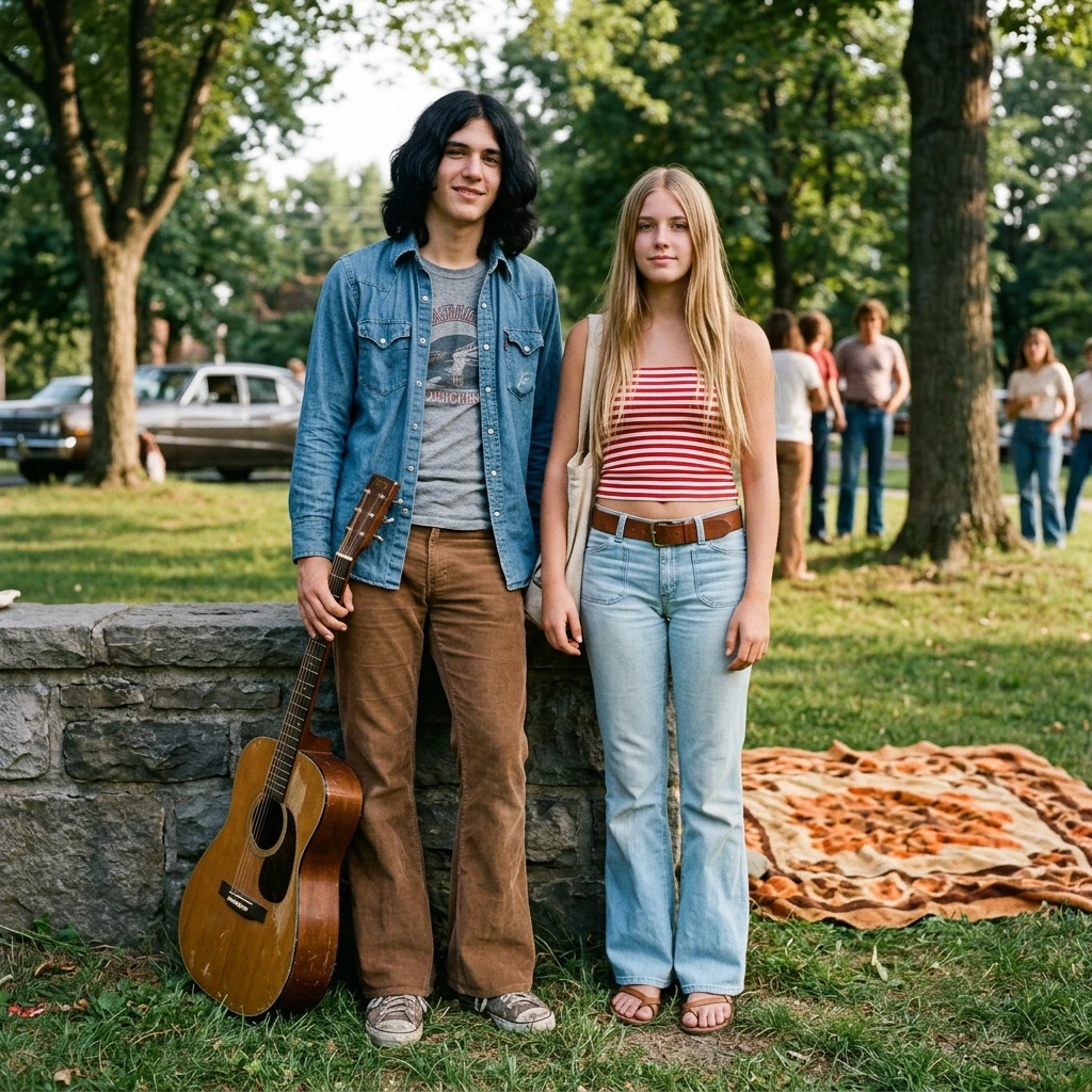 1970s. A tall 18 year-old boy with shoulder length black hair. He is with a 16 year-old girl that has long straight blonde hair. She is dressed in a red and white tube top and bell bottom hip hugger jeans.