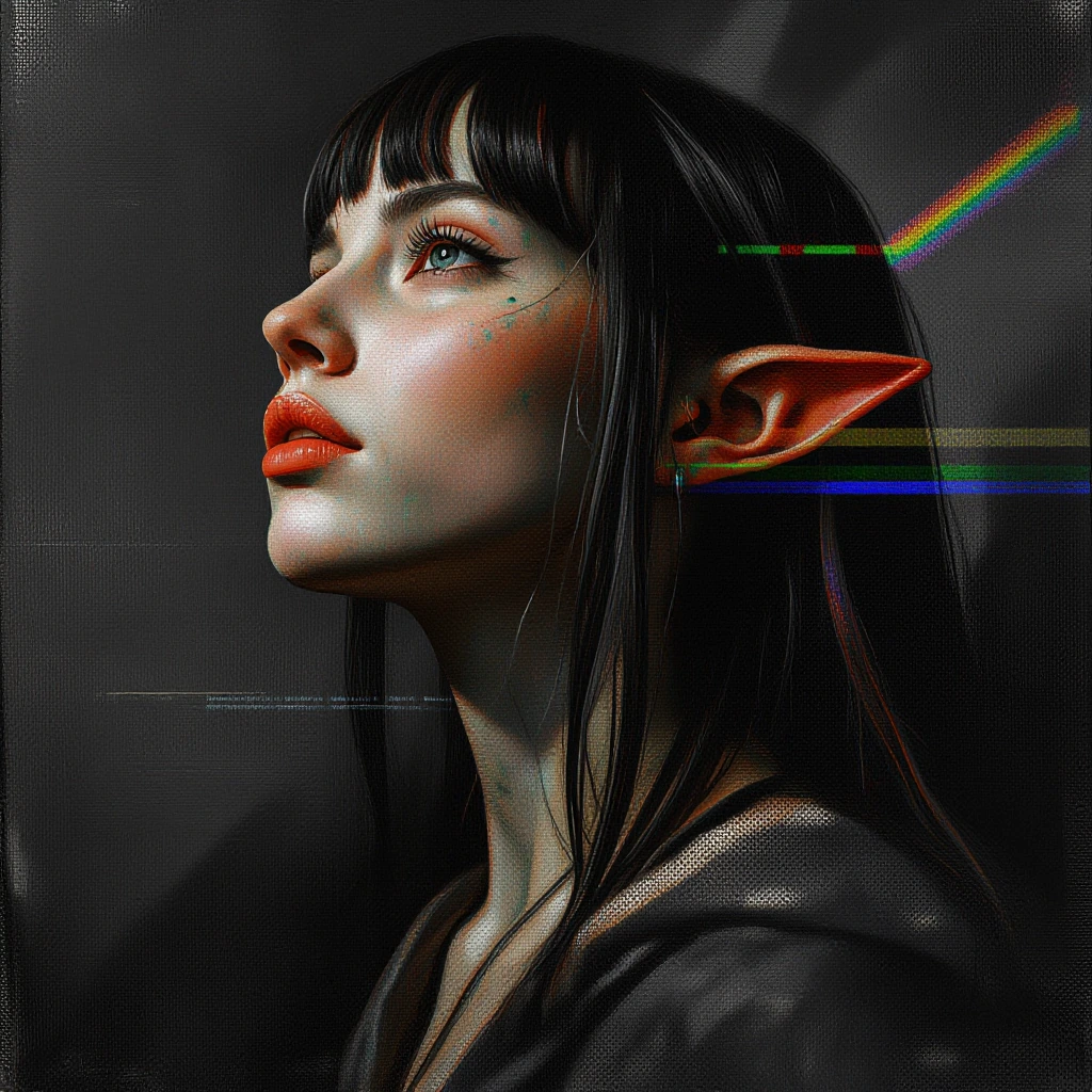Hyper-realistic portrait, low angle shot from below, ,side shot, a high-resolution, realistic fantasy image of a ethereal young female elf s highly detailed subject,