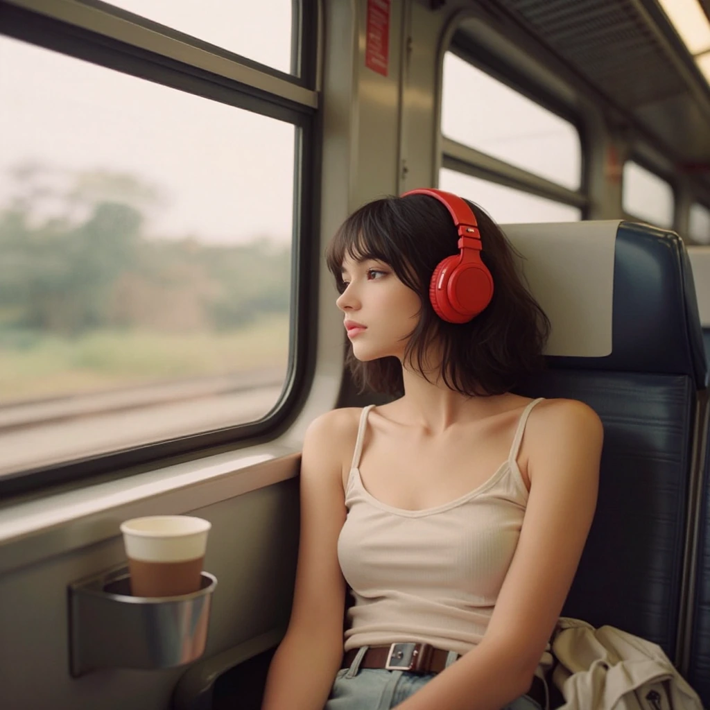 (Soft Lighting Photography by Mimoza Veliu and Mario Giacomelli:1.2), a stunning female, 20 years old, sits in a window seat aboard a moving train. Wearing red headphones, she looks outside in deep thought, her head resting gently against the windowp