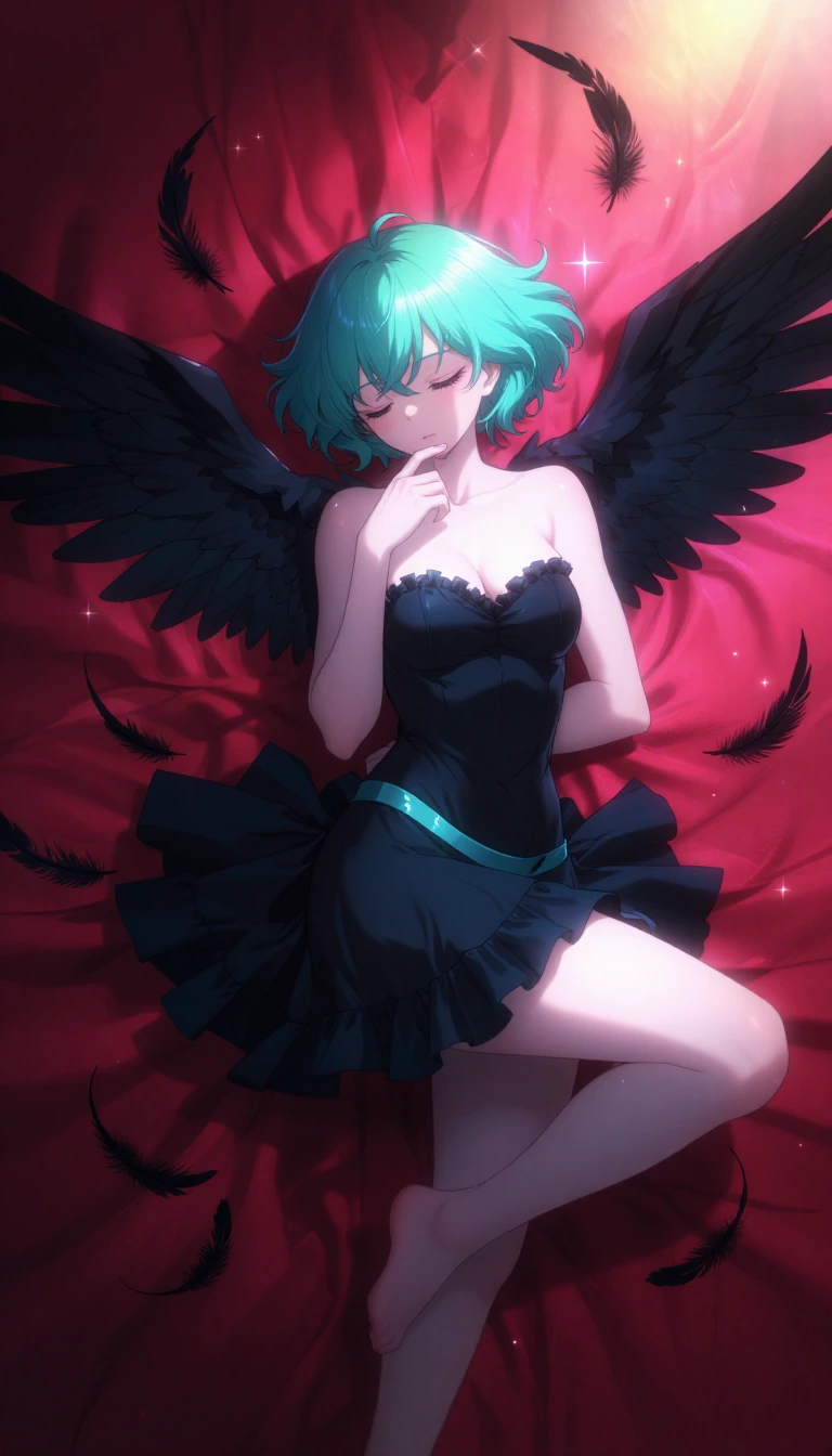 An anime video from above about an anime woman with teal hair and black wings lying on a red blanket, wearing a black strapless dress with ruffled edg