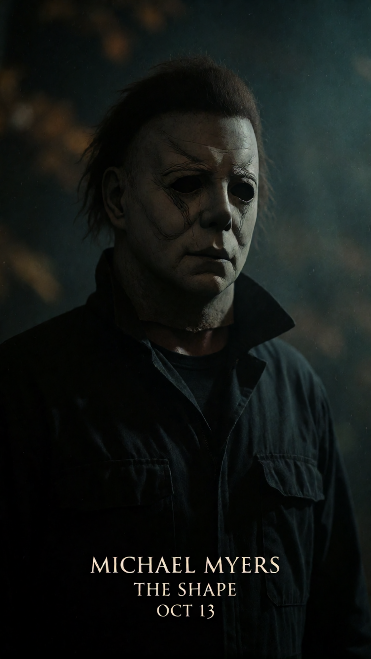 Generate a Renaissance chiaroscuro portrait of Michael Myers. He emerges from pitch black, a sculpted, godlike torso clad in unzipped coveralls. The w