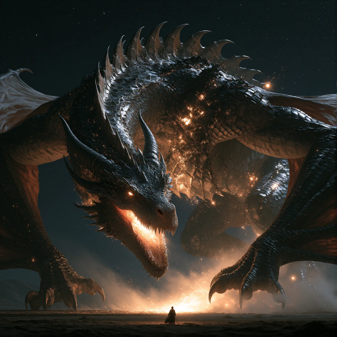An enormous ancient dragon emerges from pitch-black night sky, its scaled body catching scattered starlight and moonlight in metallic silver and deep teal, massive wings unfurled mid-descent toward a tiny silhouetted human figure standing alone on ba