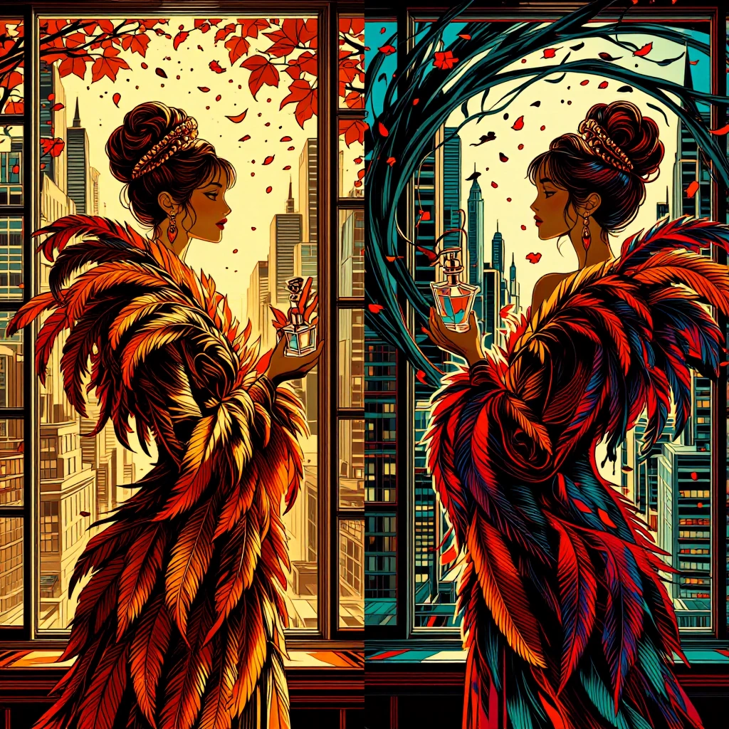 Split Screen 2 versions of this image with the women looking out the window at each other across a vortex divide. Woman with sharp features and bold crimson lipstick standing in profile by floor-to-ceiling windows overlooking autumn Manhattan, backli