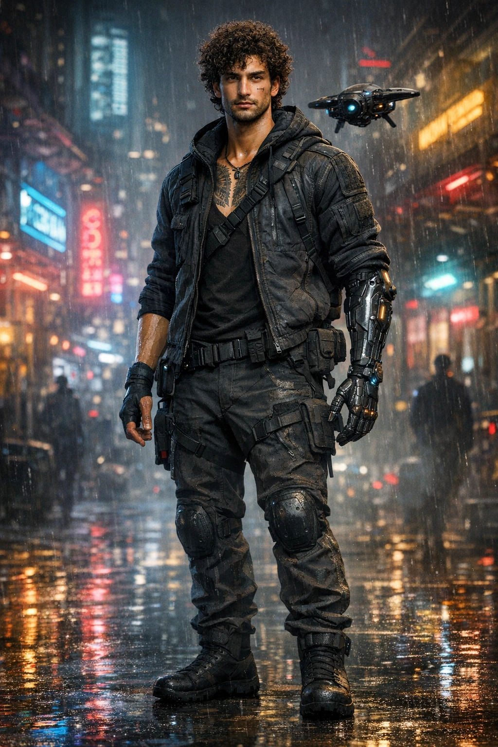 Full body shot of a cyberpunk scout named Karxzos, a 185 cm tall athletic Turkish man with a lean, well-defined physique, strong shoulders and balanced proportions. He stands in a relaxed but confident posture, his movements appearing smooth and cont