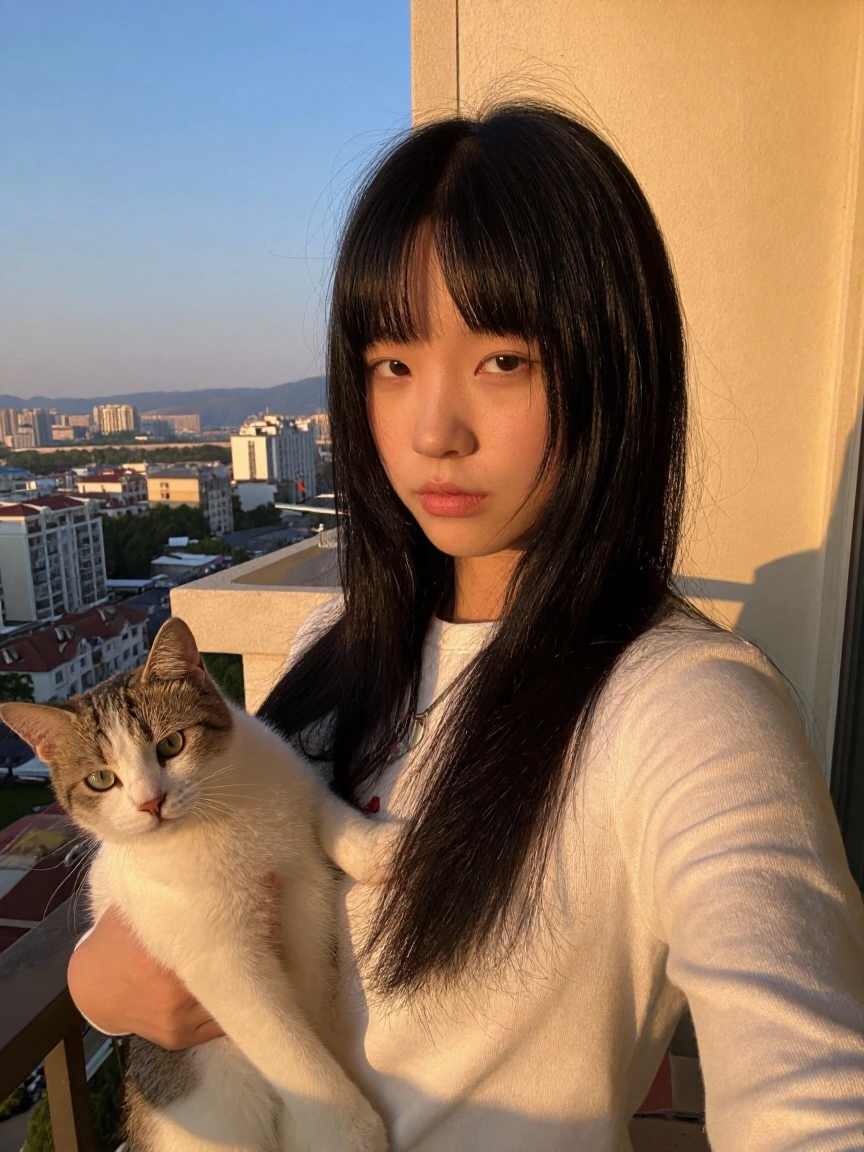 Crazy girlfriend long black hair with bangs taking a selfie with her Cat on the balcony at sunset