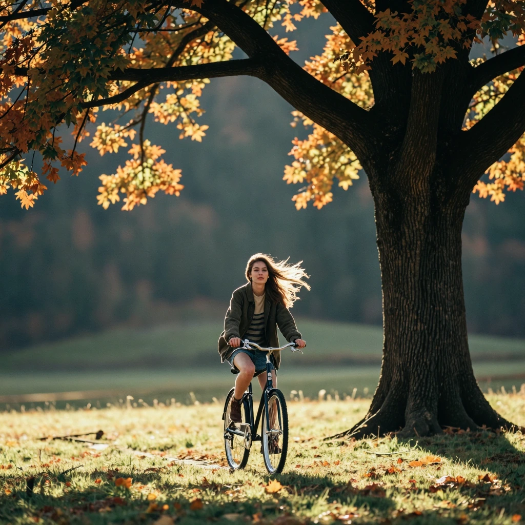1girl，Aesthetic feeling，(Master Photography:1.3)，(Official Photography,unity 8k wallpaper, ultra detailed, beautiful and aesthetic, masterpiece, best quality,raw photo, photo-realistic:1.4 )，Plump，late autumn，I feel the breeze，Riding a bicycle，(beaut