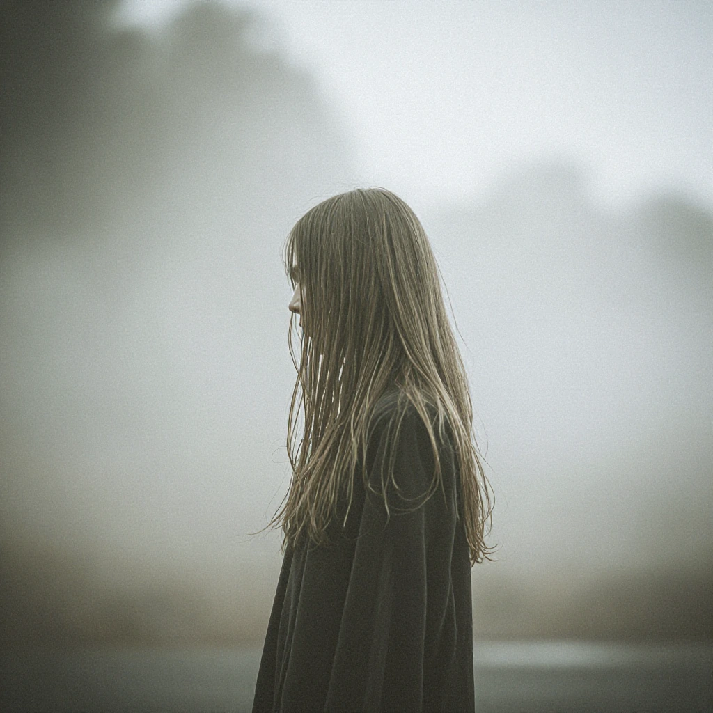 ethereal portrait of solitary figure in morning mist, soft light through trees