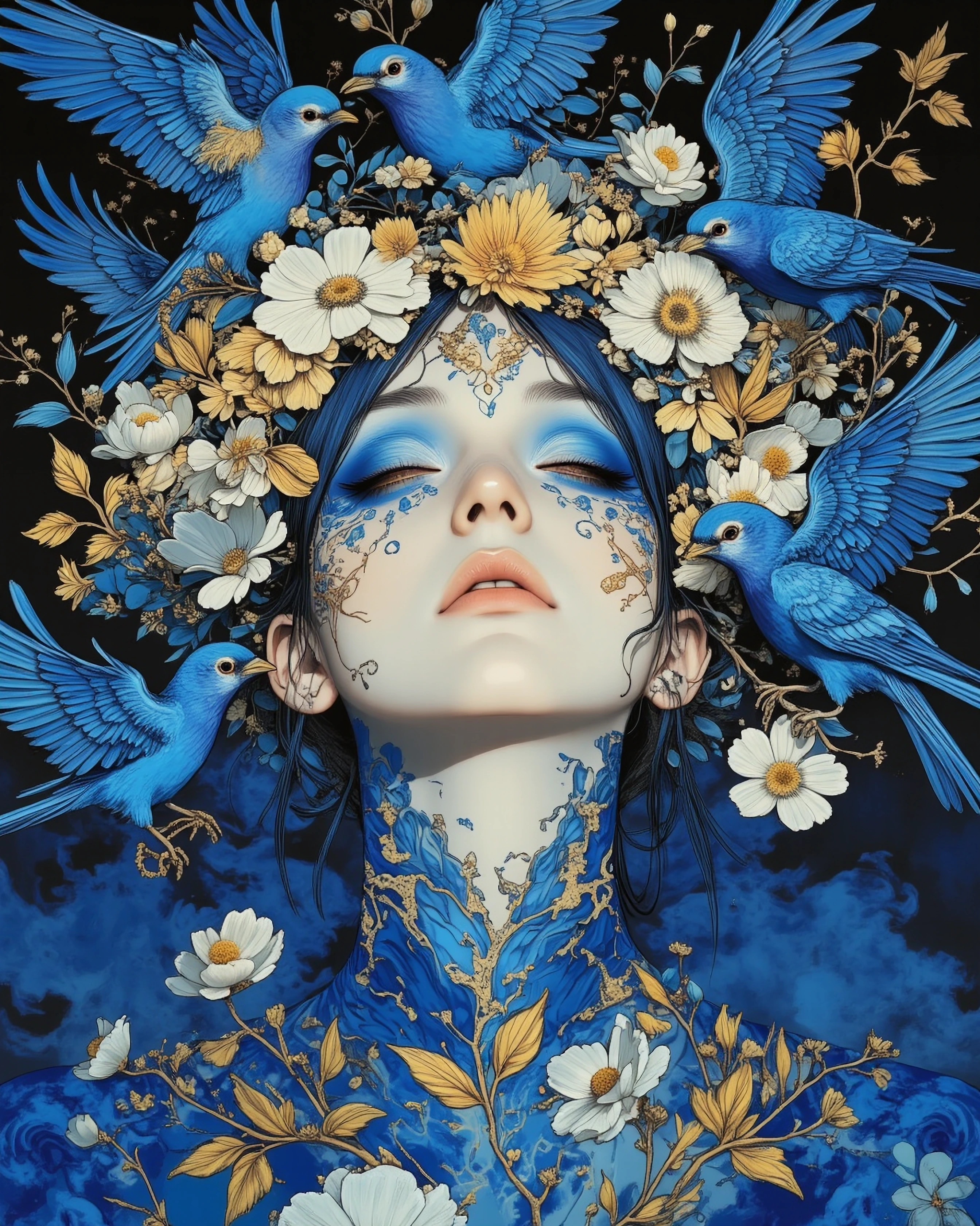 Surreal ornate illustration of a serene woman’s face painted in layered shades of blue, centered composition, eyes closed, calm expression, wearing an intricate wreath crown of golden and white flowers with delicate gold leaves; multiple vivid blue b