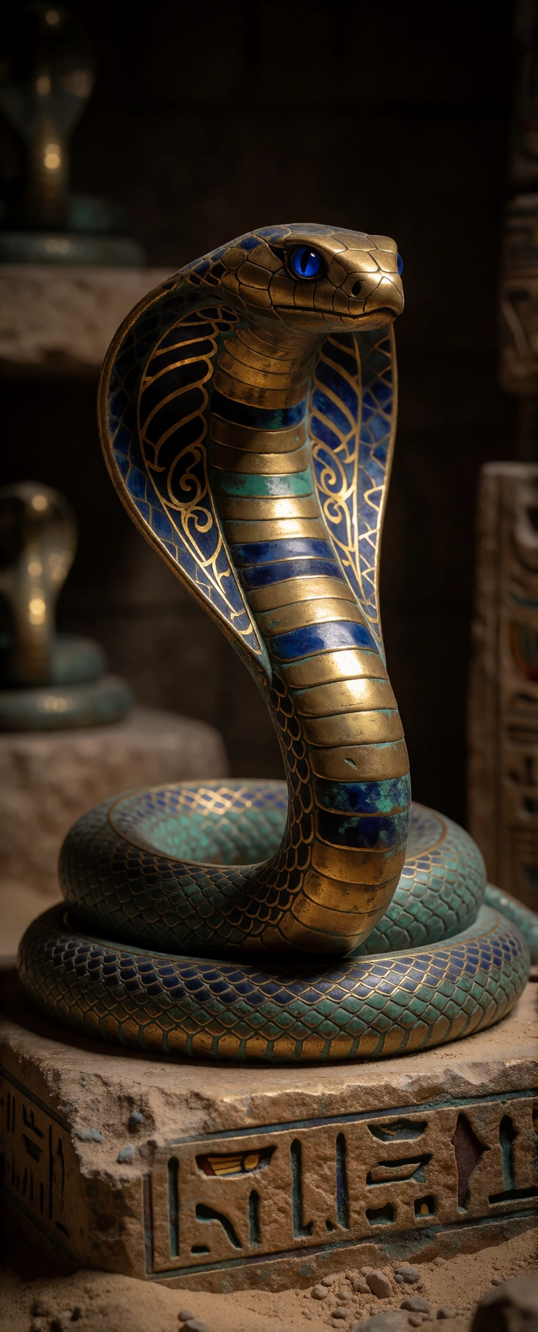 A highly detailed photograph of an ancient, patinated bronze sculpture of a coiled cobra, positioned on a weathered, sandstone base inscribed with worn Egyptian hieroglyphs. The cobra is in a defensive stance with its hood flared, featuring intricate