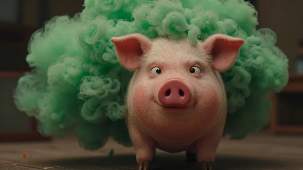 A small cartoonish pig puppet with a strained facial expression with a huge cloud of green gas behind it
