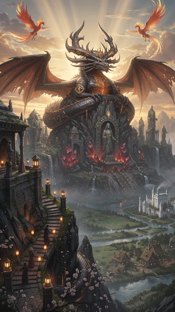 An enormous ancient dragon rests upon the summit of a colossal volcanic throne overlooking an endless fantasy kingdom at sunrise. His majestic scales shimmer like molten obsidian streaked with glowing veins of ember and gold, while his massive horns