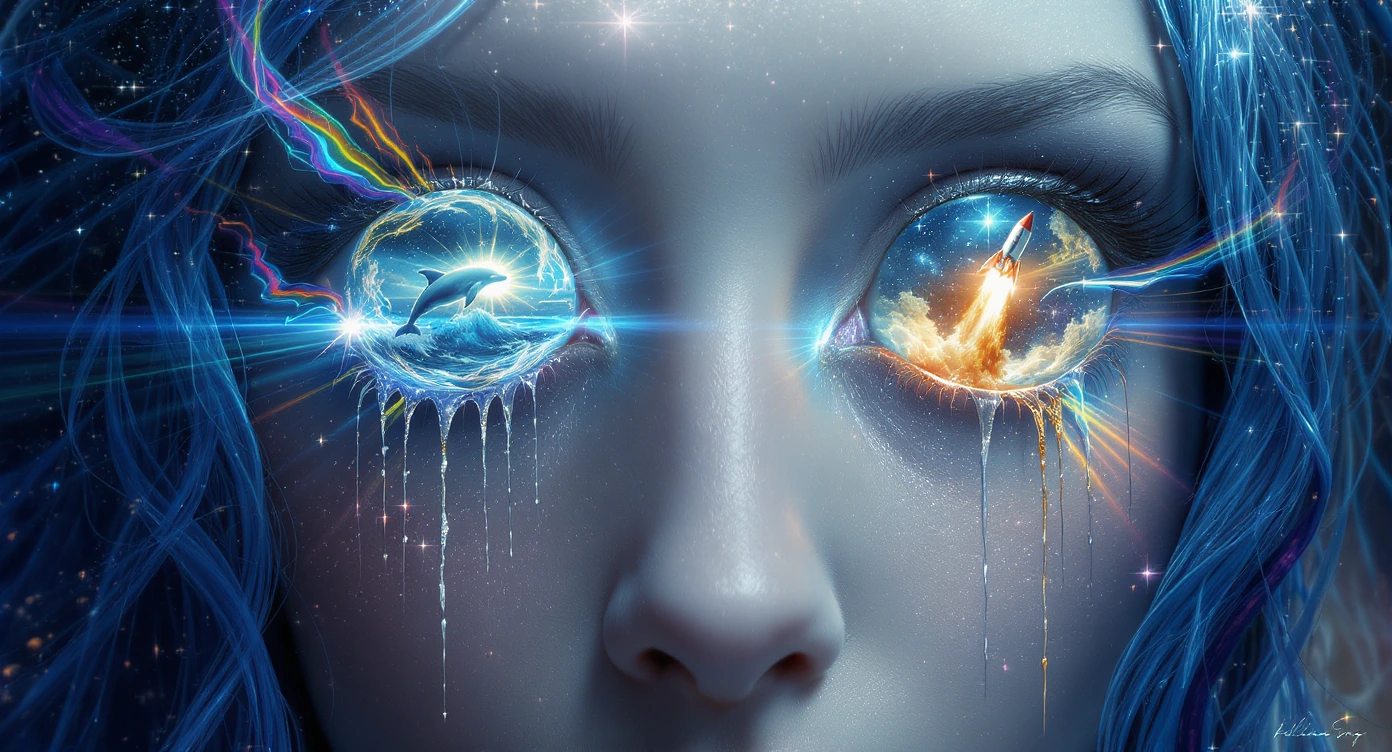 A surreal symbolic portrait of a young ethereal woman as the living embodiment of artistic creation, her large expressive eyes replaced by perfect circular mirrors that reflect blinding prismatic light rays and fragments of impossible dream worlds —
