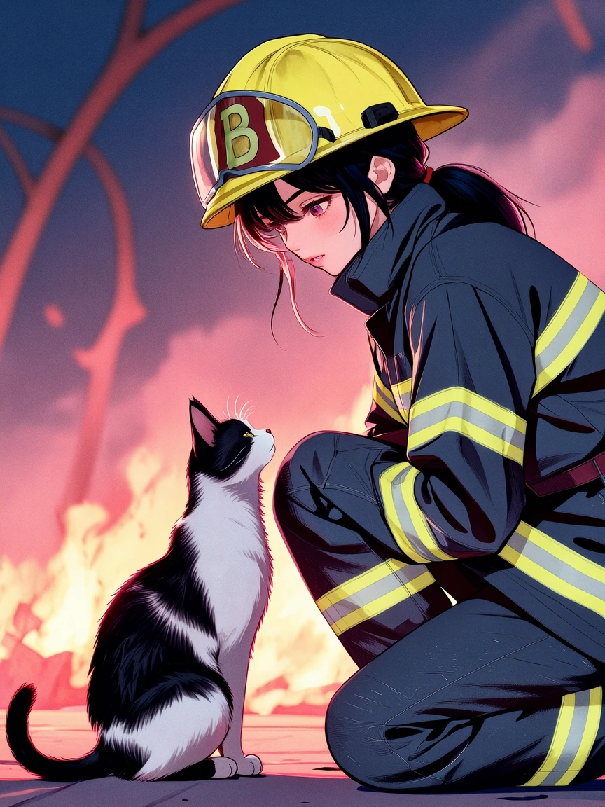 Beautiful woman firefighter saving a cat in the middle of a wildfire, realistic manga, pastel