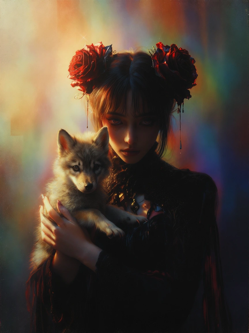Woman with beautiful flowers in her hair, brunette hair, twin pony tails with a wolf pup, colorful background