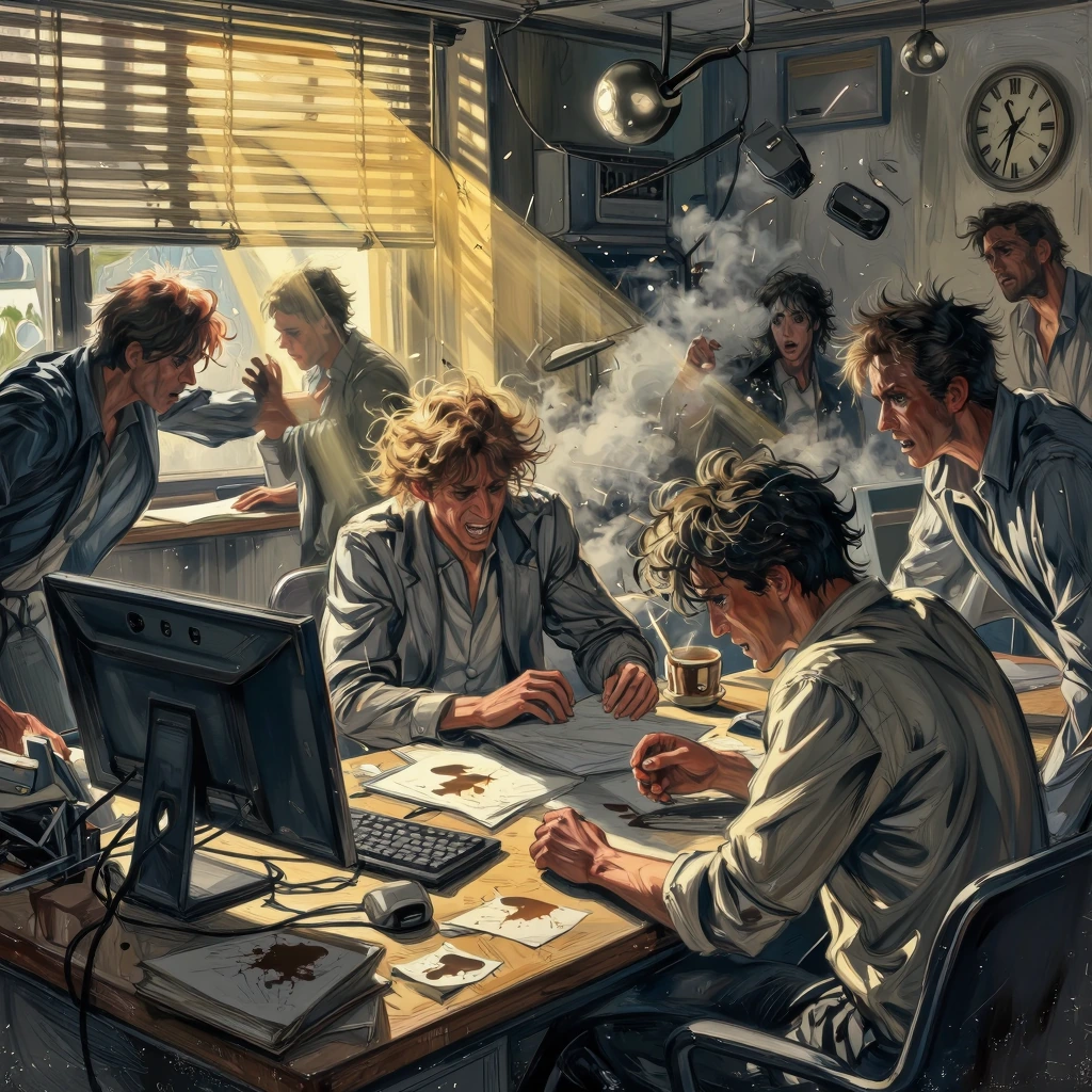 Frenzied Monday morning chaos, kinetic energy exploding across composition, figures blurred in urgent motion, golden dawn light slicing through venetian blinds creating sharp geometric shadows on cluttered desk, pale anxious faces twisted with stress