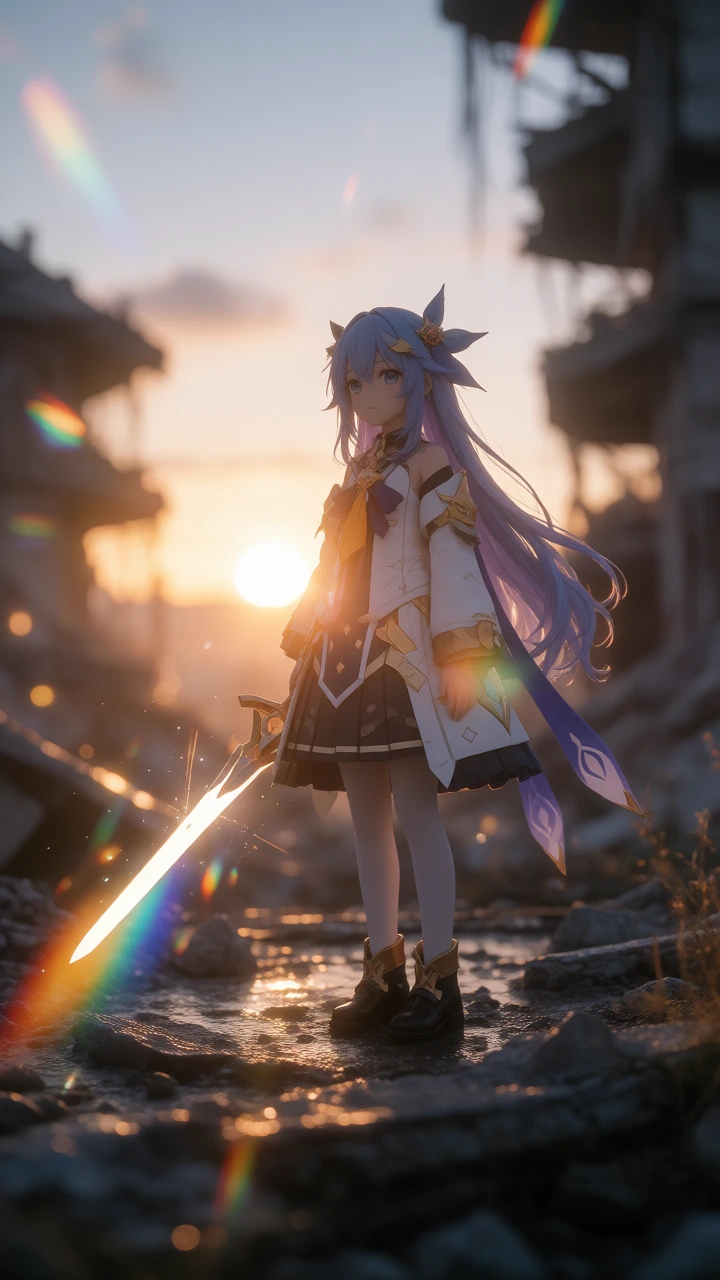 masterpiece, best quality, high resolution, aesthetic, excellent, soft focus, lens flare, bokeh, bloom, chromatic aberration, scenery, post-apocalypse, ruin, nature, sunset, dark, atmospheric haze, BREAK (Neptune (neptunia)), 1girl, white hoodie, str