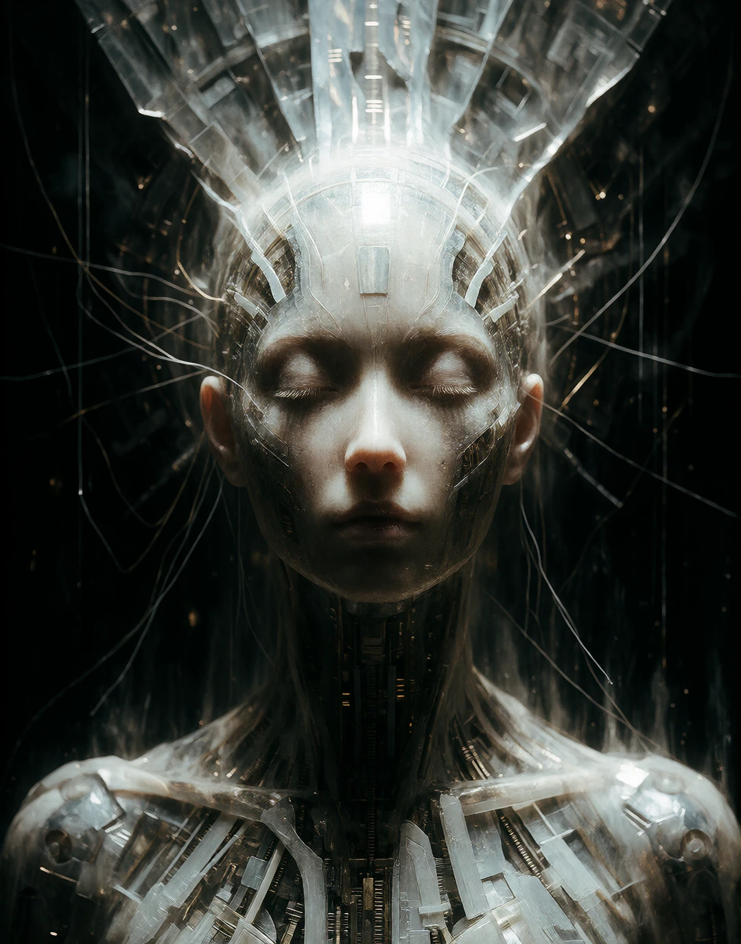 A visionary fine-art portrait of a humanoid female android emerging from complete darkness, her face almost human but impossibly refined, translucent porcelain-like synthetic skin revealing subtle layers of luminous circuitry beneath, delicate mechan