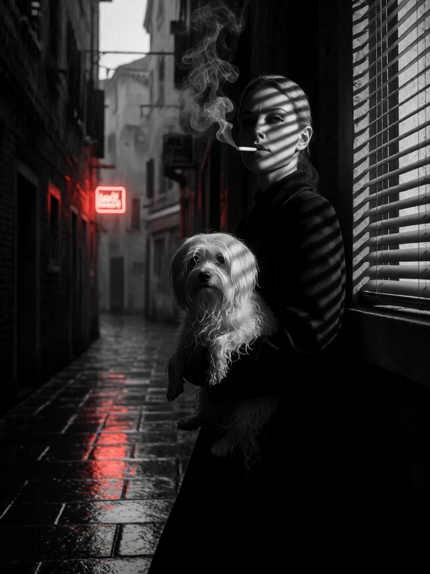 Secret agent in a rainsoaked alley, venetian blind shadows striping her face, Maltese tucked under her coat. Monochrome film noir with neon reflecting off wet pavementa single red sign glowing in the distance. Cigarette smoke curling through hard lig