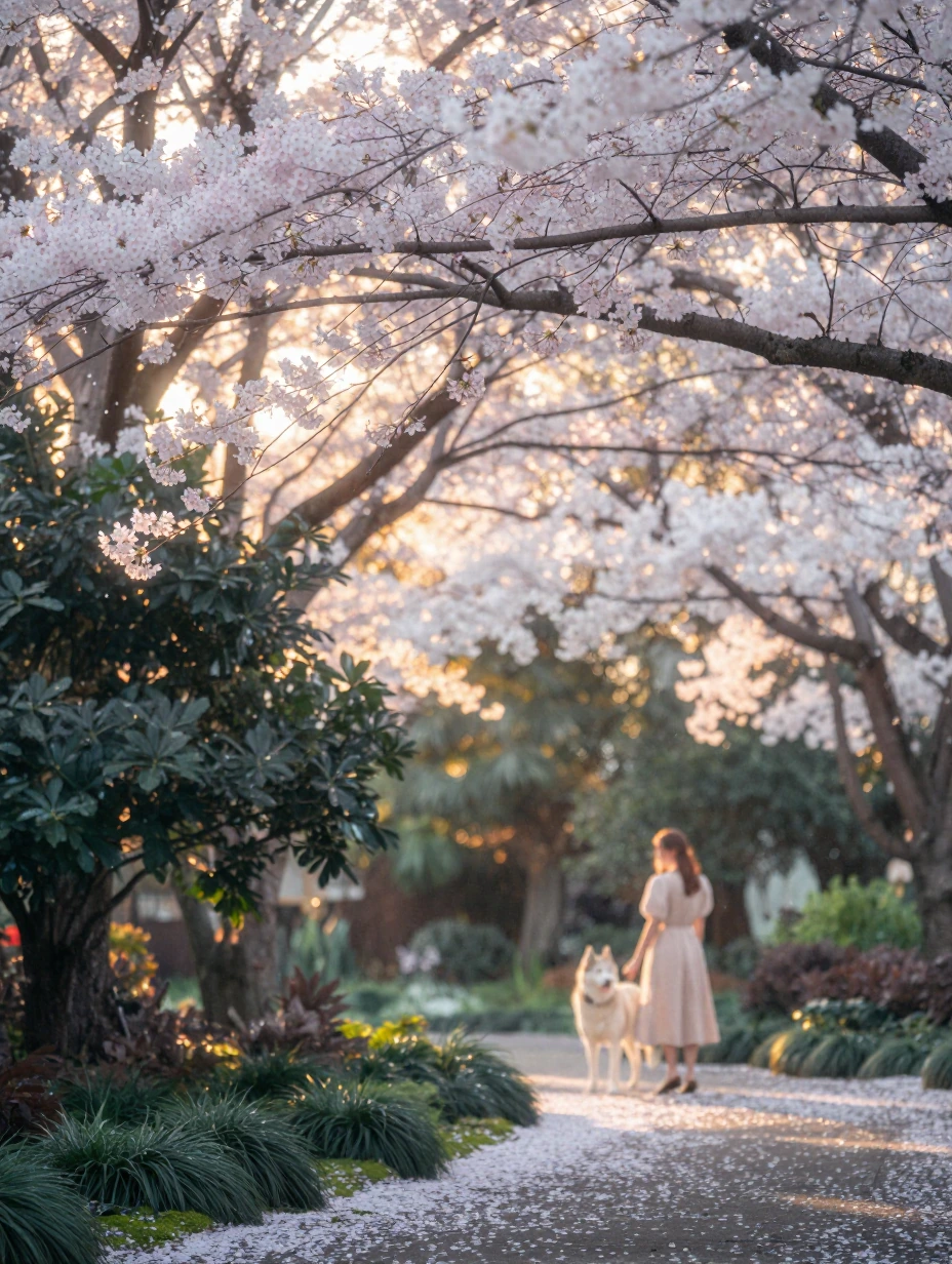 Ethereal spring garden at golden hour, cascading cherry blossom trees in full bloom, delicate pink and white petals floating through soft diffused sun