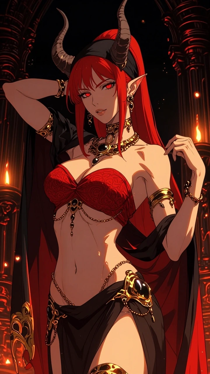 Fantasy character illustration of a confident demon-like female with striking red hair in a high ponytail, black headband, prominent curved horns, red glowing eyes, and slightly pointed ears; mid-shot, centered composition, one hand behind her head a
