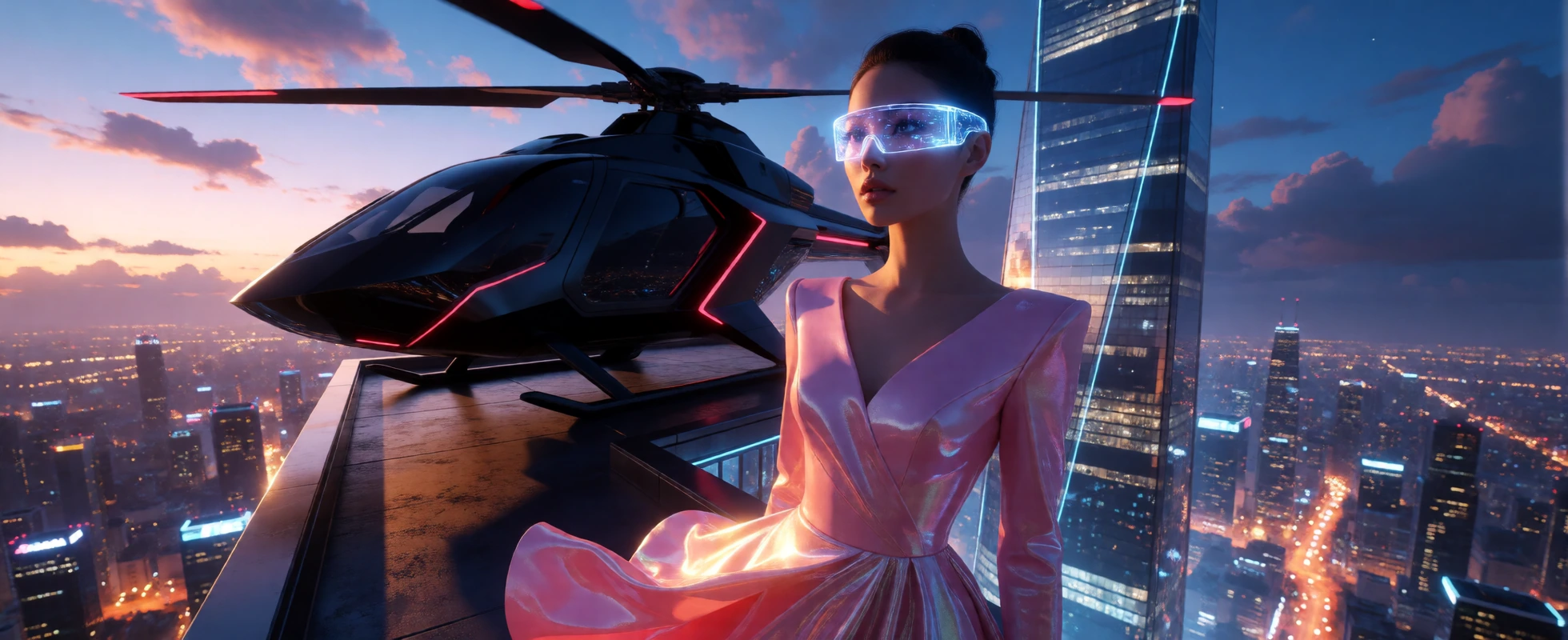 A stunning futuristic woman stands confidently on the rooftop edge of a gleaming glass skyscraper piercing through a cloud-streaked twilight sky, her sleek holographic digital glasses projecting soft neon-blue light across her sharp cheekbones, the l