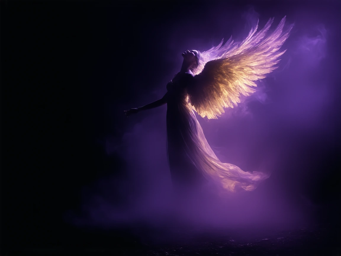 ethereal angel ascending through abyssal darkness, luminous divine wings unfurling with golden ethereal light, opalescent feathers catching ethereal r