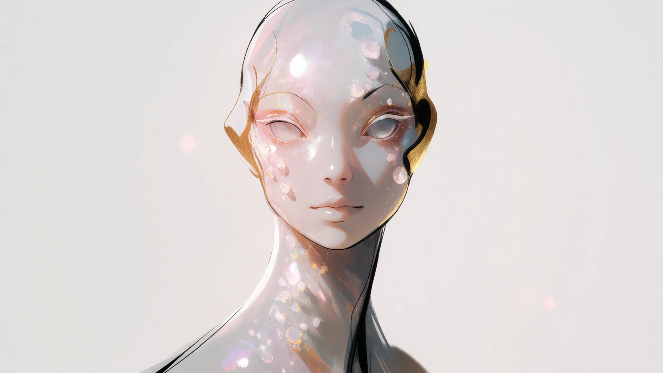 16:9 keyframe, high-grade illustration mixed with raw hand-drawn animation and hyper-refined surreal style, bold imperfect black outlines, luminous pearlescent texture, --sref 428689717 “Beautiful creature.” A striking, centered portrait of a singula