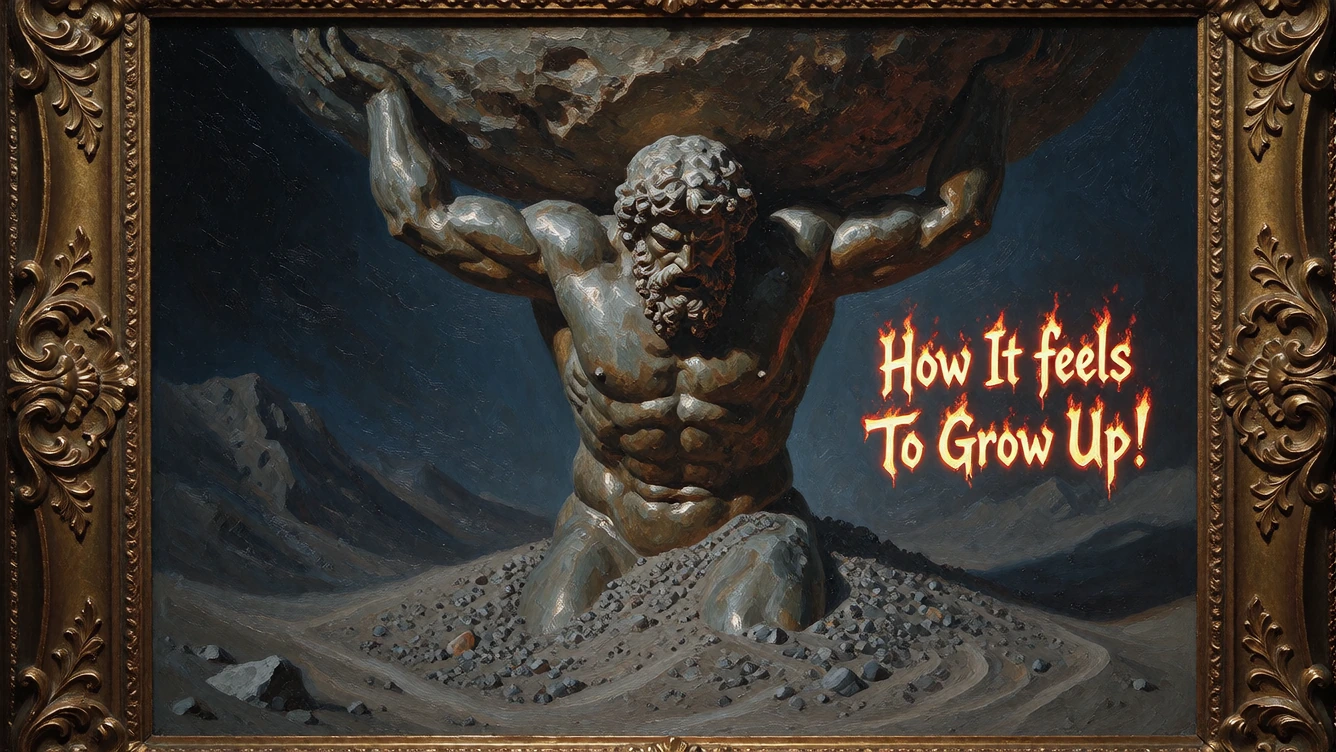 Oil Painting in an ornate frame depicting a Statue of Atlas Buried up to his waist in grey powdery quicksand that matches his skin colour. The half bu