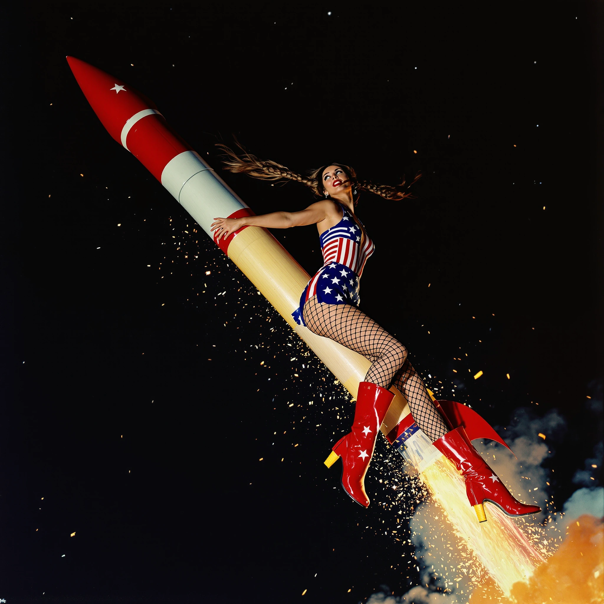 Woman with long brunette pigtail braids straddling a tilted vintage-style rocket firecracker mid-launch, wearing a fitted stars-and-stripes halter dress and red boots with tiny rocket fins welded to the heels, fishnet stockings catching sparks. Shot